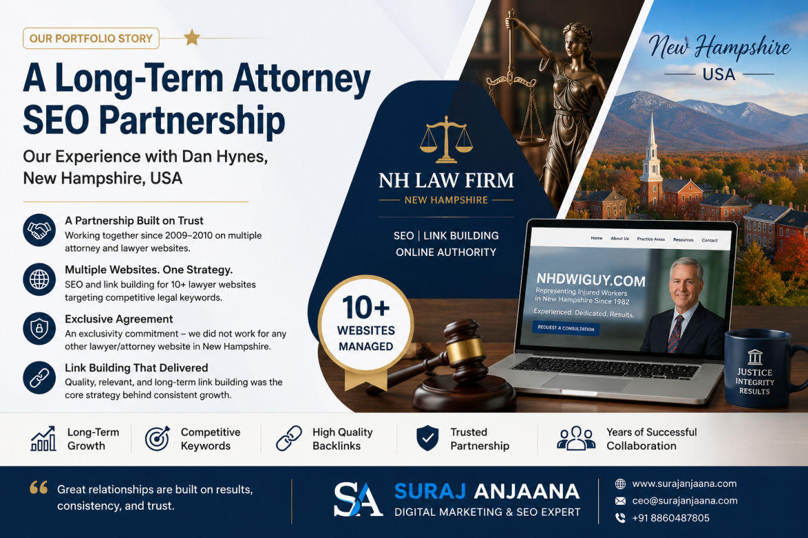 Attorney SEO partnership and lawyer website optimization concept showing legal marketing, link building, and long-term SEO growth.