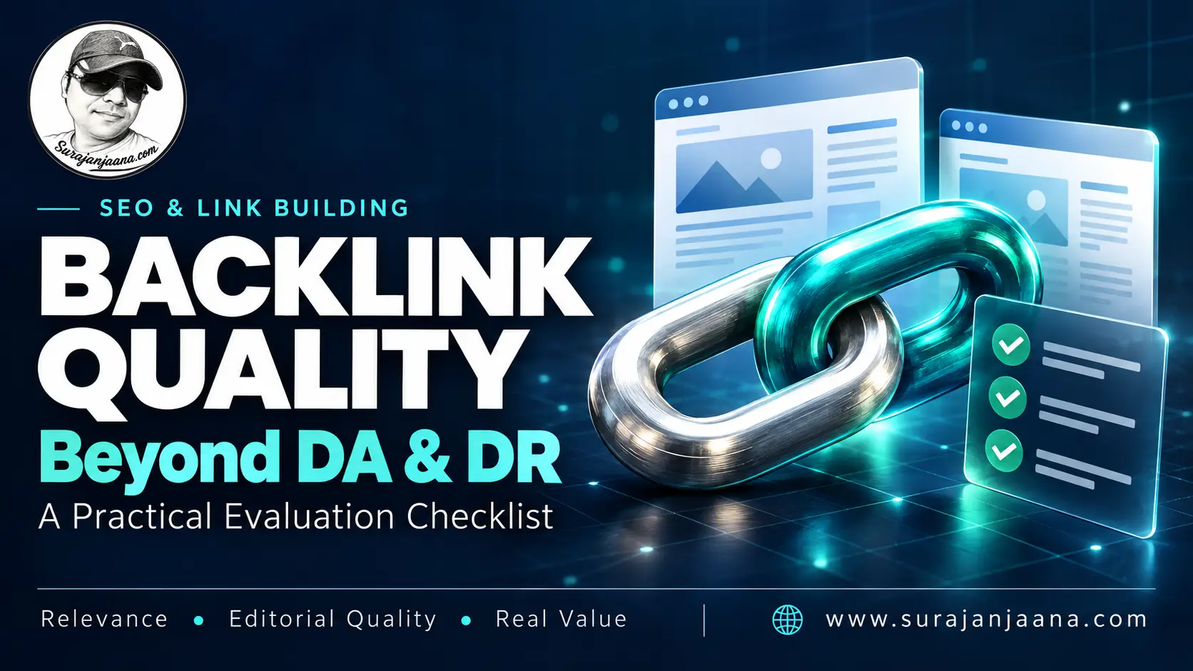 Backlink Quality Beyond DA and DR banner with linked website illustrations, a checklist and the Suraj Anjaana logo