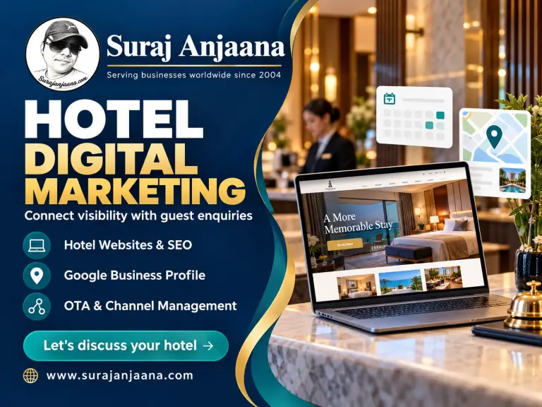 Suraj Anjaana hotel digital marketing banner showing a hotel website, Google Business Profile and OTA management services.